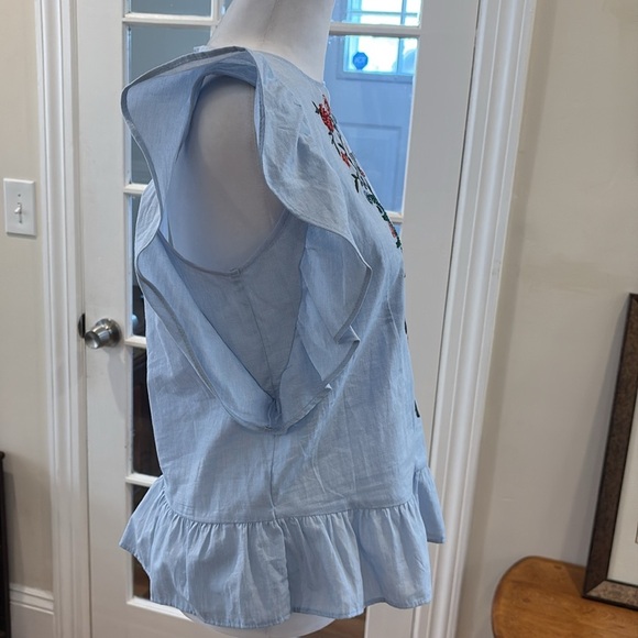 Zara Basics cotton Embroidered Blue Ruffle Sleeve Top. Size S - Picture 6 of 9